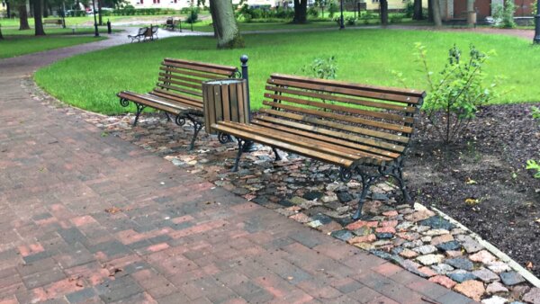 two iron benches in the park