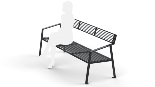 carbon steel park bench with a human silhouette