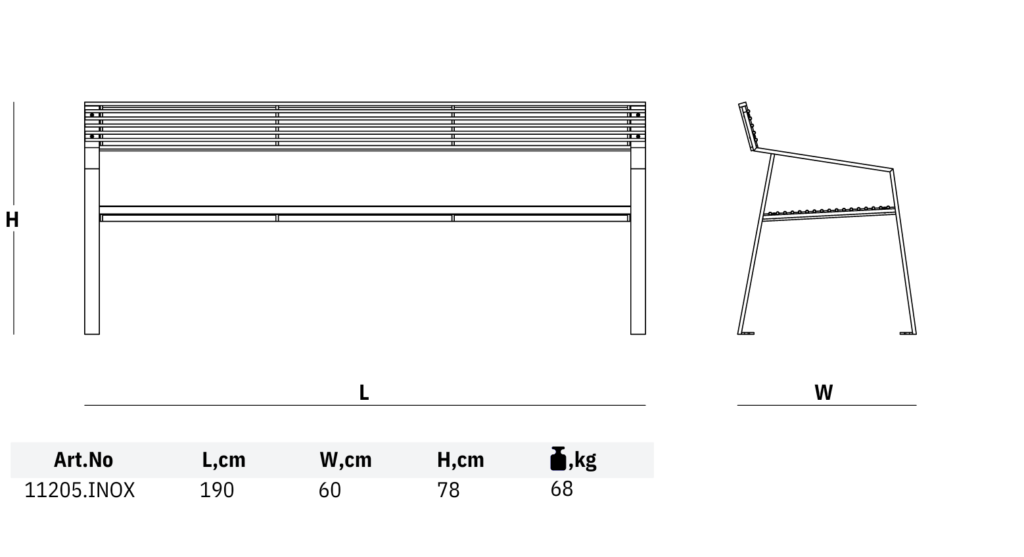 11205 inox dimensions steel park bench dimensions