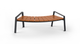 concave shaped picnic bench with metal frame and wooden seat