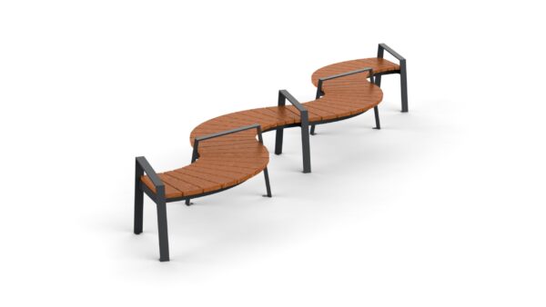 curved shaped park bench with metal frame and wooden seat