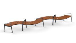 curved shaped picnic bench with metal frame and wooden seat