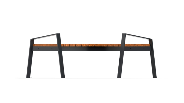 counter view of round picnic bench with metal frame and wooden seat