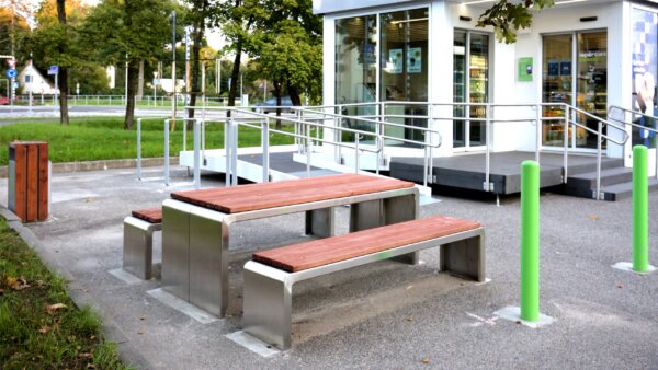 outdoor table with benches in the urban environment