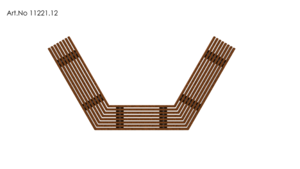 overview of C shaped outdoor bench with wooden plank seat