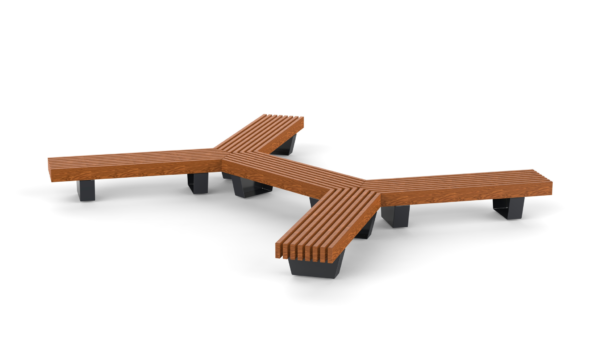 x shaped outdoor bench with wooden plank seat and steel frame