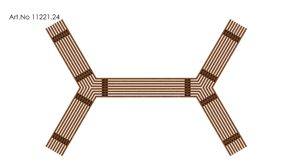 overview of x shaped wooden park bench 3 m long