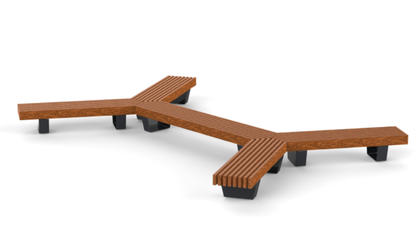 3m long x shaped park bench with wooden plank seat and steel legs