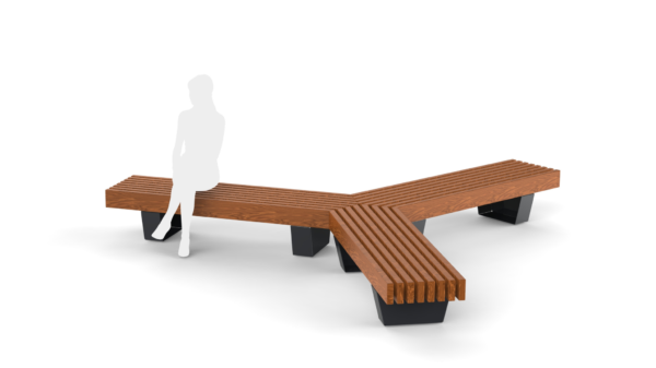 Y shaped park bench with wooden seat and human silhouette