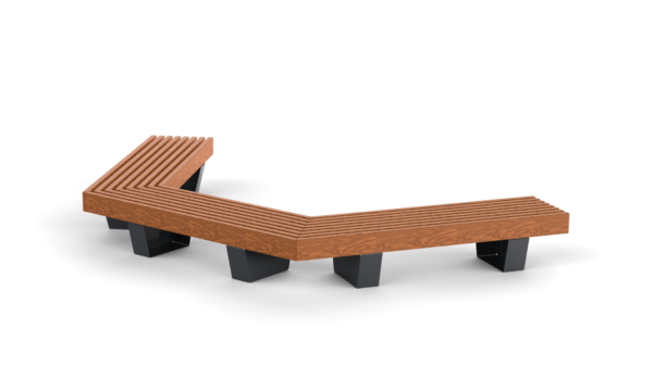 C shaped 2 m long park bench with wooden plank seat