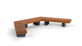 C shaped outdoor bench with wooden plank seat