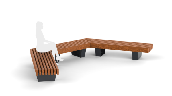 C shaped park bench with wooden plank seat and human silhouette