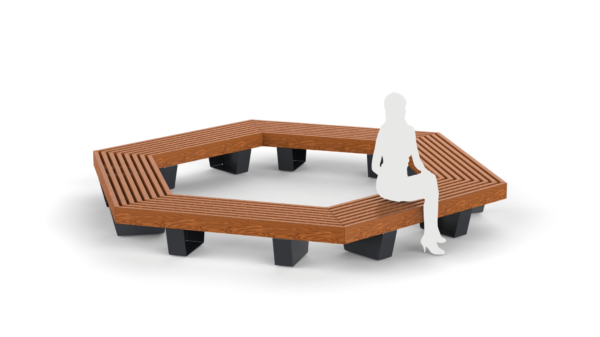 round shaped wooden outdoor bench with human silhouette