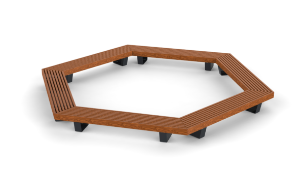 round shaped park bench with wooden plank seat without backrest