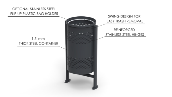 Outdoor waste bin with features