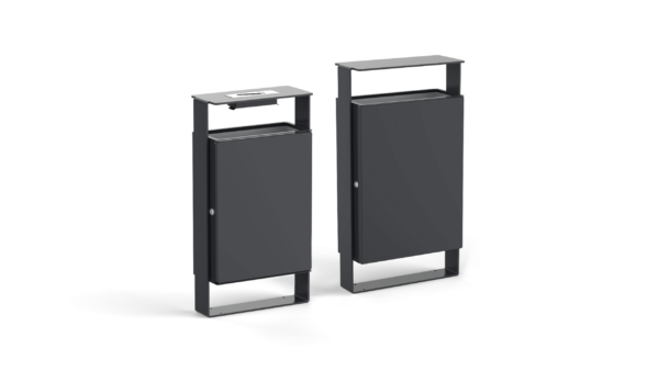 two different height outdoor metal trash bins