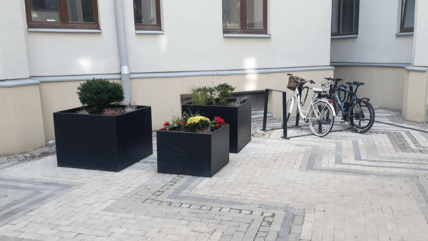 square shaped outdoor planters in an urban environment