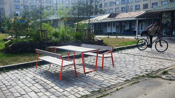 picnic tables in an urban environment