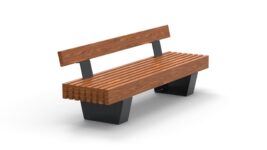 Bench with backrest and with massive wooden plank seating