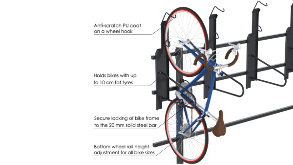 Bike holder with a wheel hook features