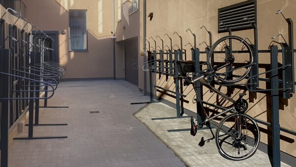 compact bike rack placed in a building