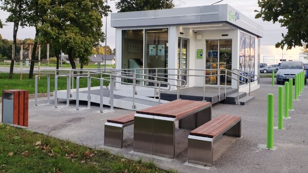 Outdoor picnic table  in an urban environment