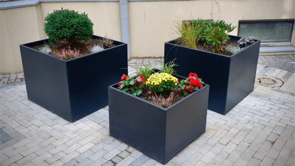 square shaped outdoor planters with flowers