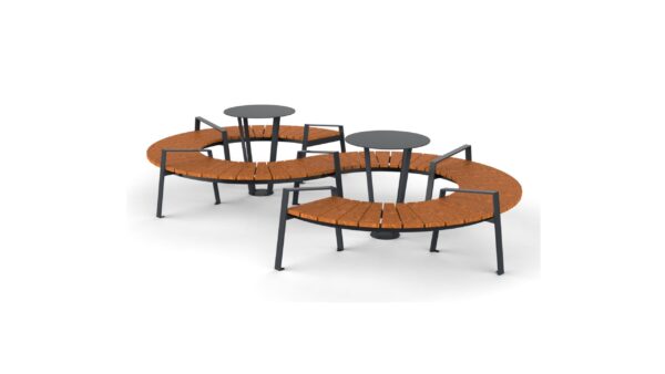 Round shaped picnic table and curved bench with wooden seat