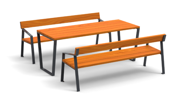 Outdoor table with benches made from steel and wood