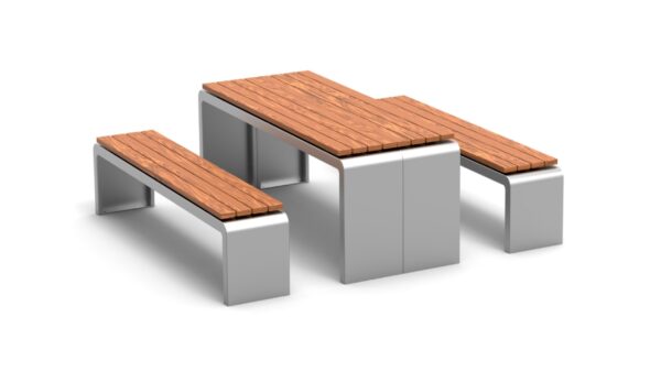 picnic table with benches with wooden planks for seating and steel frame