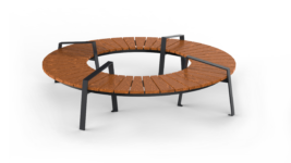 round picnic bench with metal frame and wooden seat