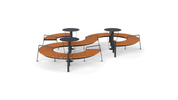 Round shaped picnic table with curved bench with wooden seat