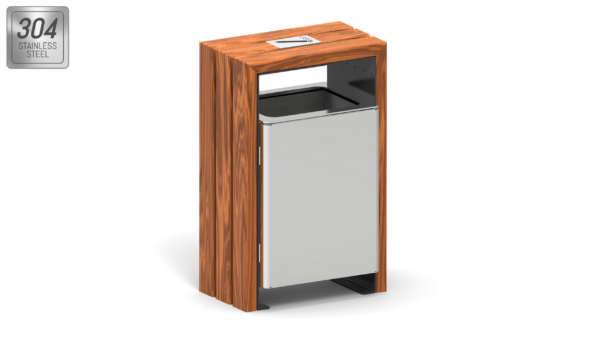 trash bin with a wooden frame and stainless steel