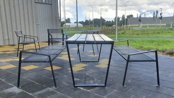 urban outdoor table with benches